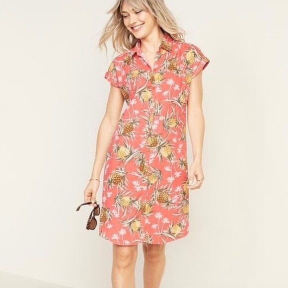 Old Navy‎ Salmon Linen Blend Pineapple Tropical Hawaiian Shift Shirt Dress Sz.XL - Picture 1 of 5
